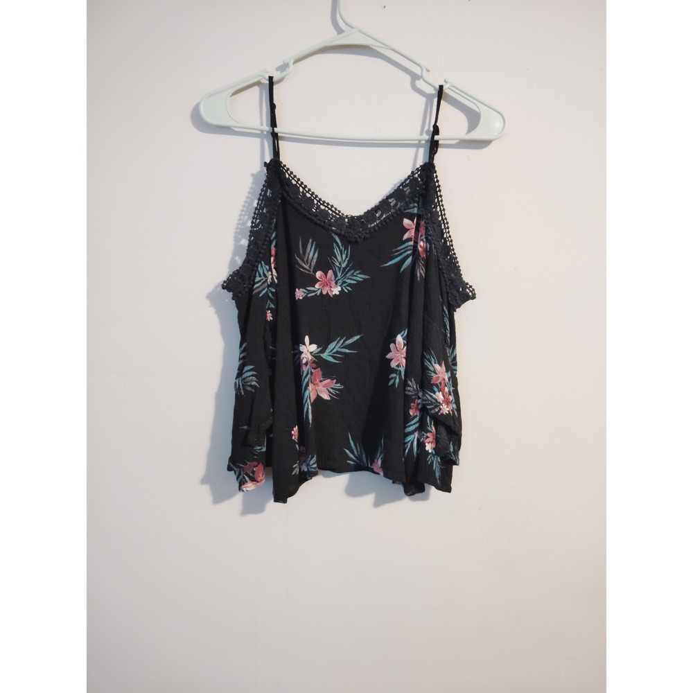 Aeropostale Women's Black Floral Cold Shoulder Crochet Lace Boho‎ Top Size Small